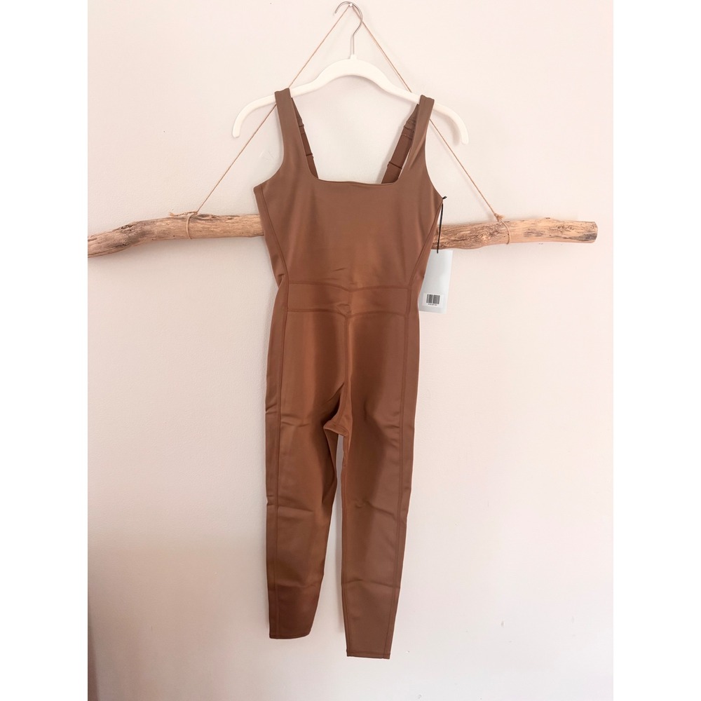 Girlfriend Collective Mona Luxe Paneled Unitard Brown Square Neck Bodysuit NEW